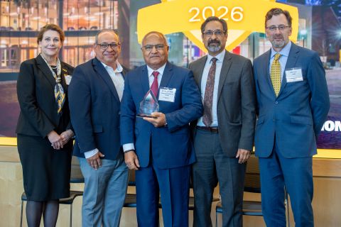 M. Samy El-Shall receiving an award, standing with the vice president for research development, vice president for research, the provost, and the associate vice president for research at the 2026 ARIA event.