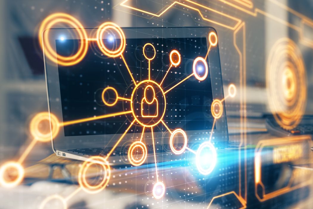 Computer on desktop with social network theme icon. Concept of international connections.